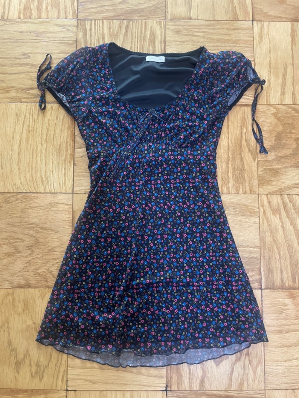 Baby doll Black Mini Dress with Pink & Blue Floral Print